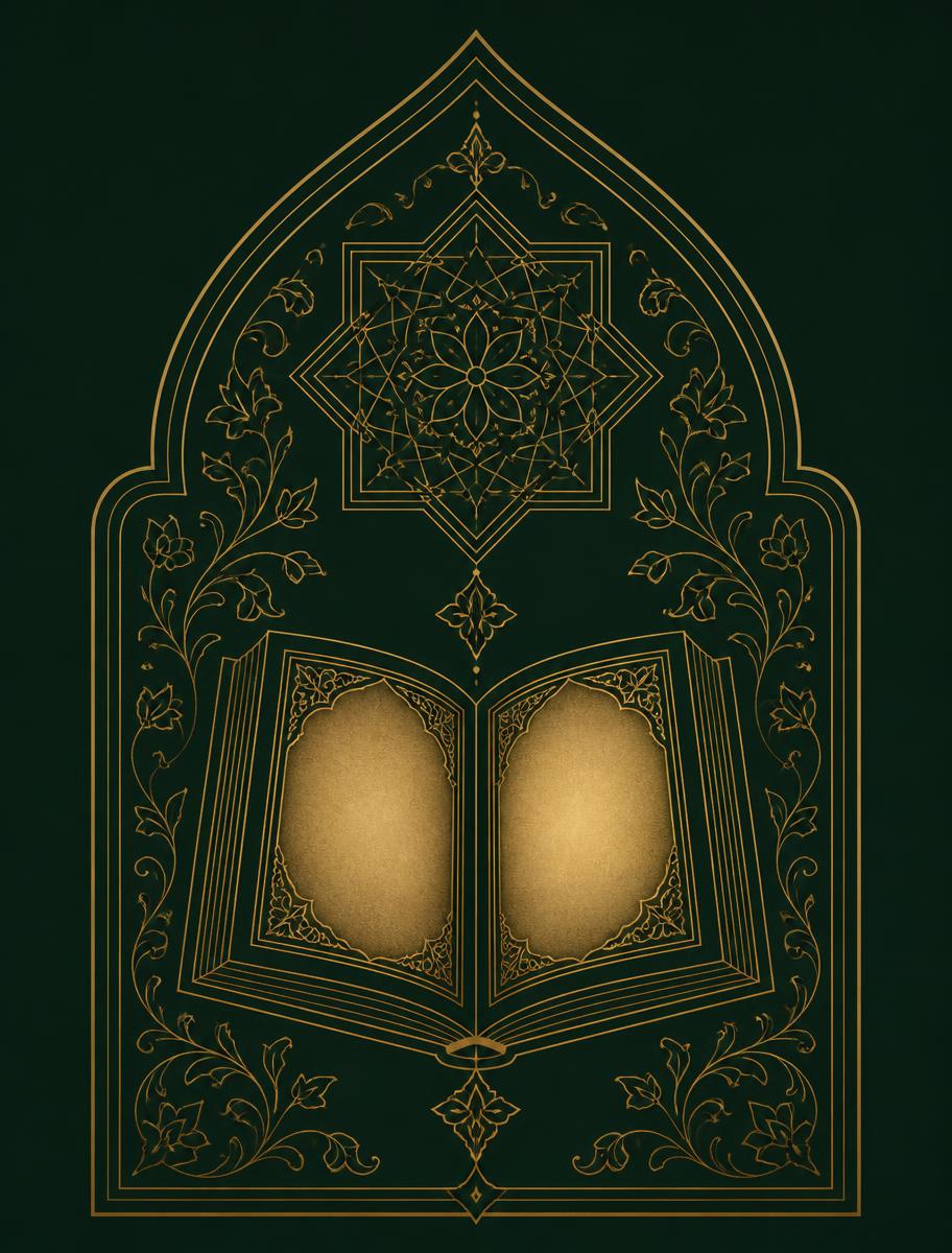 Gold line illustration of an illuminated Islamic manuscript